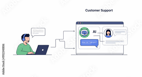 Illustration of a man using a laptop with a customer support chat interface on the screen showing AI interaction.