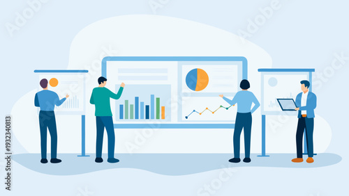 Team analyzing business data on presentation boards