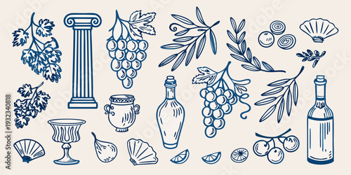 Vintage botanical illustration featuring classical elements and fruit motifs