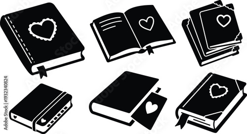 Minimalist black and white vector journal icons showing six heart decorated notebooks in various angles with bookmark open stacked view flat design closeup low angle perspective