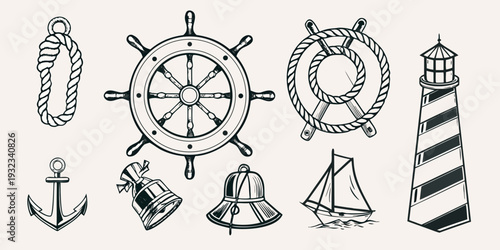 Nautical themed illustrations including a ship s wheel rope and lighthouse