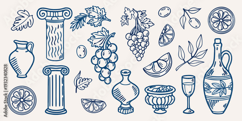 A collection of hand drawn mediterranean elements citrus columns and foliage