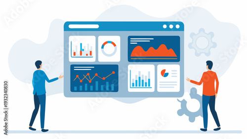 Two business professionals analyzing data on a large screen