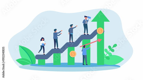 Business people climbing growth graph with increasing profits
