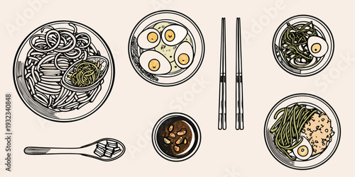 Stylized illustration of noodle dishes chopsticks and accompanying condiments