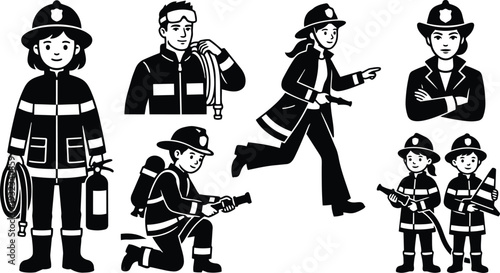 Vector art close up front view female and male firefighters holding hose and fire extinguisher running and kneeling in station black and white flat design action