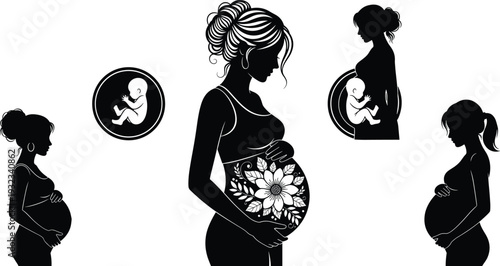 Black and white silhouette illustration of pregnant women in profile with floral and fetus designs symbolizing motherhood and life