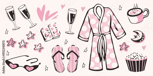 Romantic self care illustration with champagne robe and sweet treats