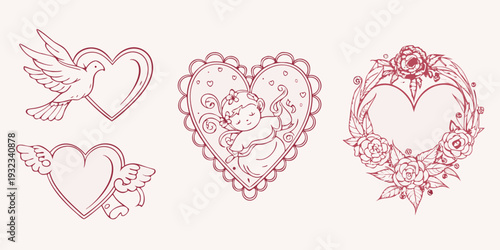 Delicate hand drawn illustrations of hearts a dove and a sleeping baby
