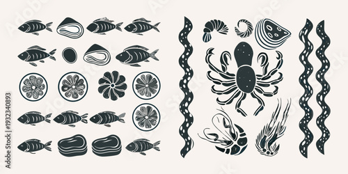 Stylized marine life and botanical elements in a black and white design