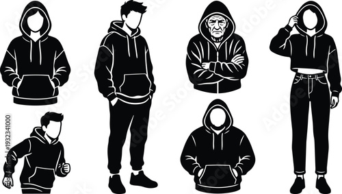 Minimalist vector art close up of faceless hooded figures standing and walking urban streetwear poses varied ages facing forward and looking away bold dramatic moody contrast