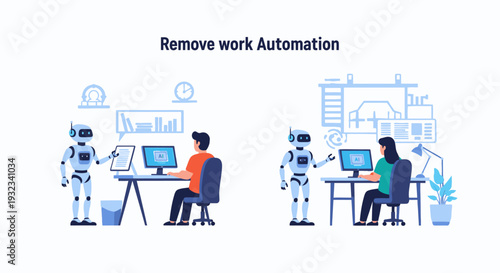 Flat illustration of people working at desks with and without robot assistance in an office setting with a white background.