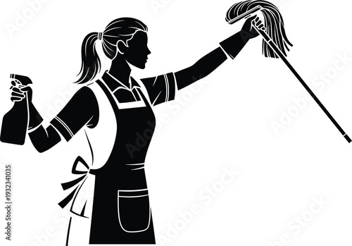 Black and white silhouette illustration of woman cleaning with apron, ponytail hairstyle, spray bottle, and mop in active stance