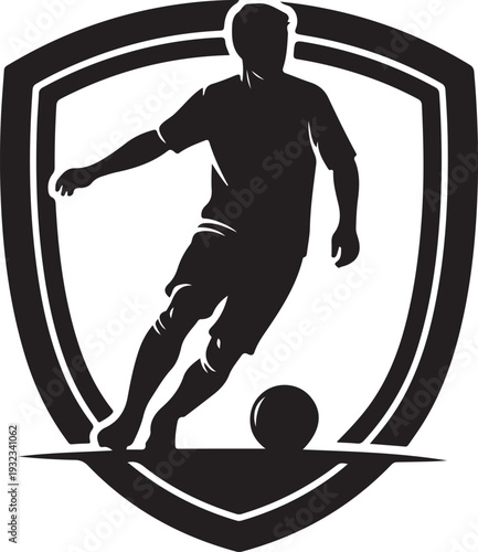 Silhouette of soccer player kicking ball in shield logo