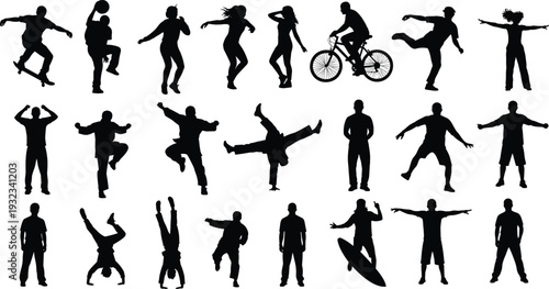 Black Silhouettes of People Involved in Various Sports Activities Fitness Training Dancing Cycling and Extreme Urban Street Culture Lifestyle Icons