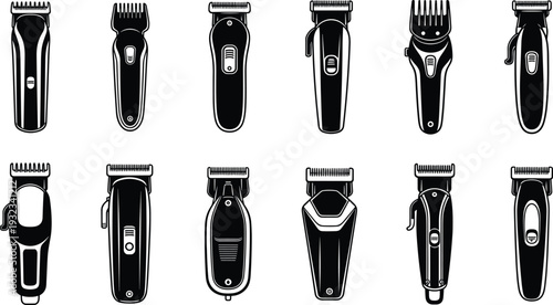 Black and white vector illustrations of twelve electric hair clippers, showcasing diverse grooming tool designs, blades, handles, and barber equipment