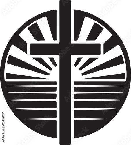 Black and white cross symbol with sunburst design elements