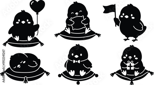 Cute chick icon set six silhouettes holding balloon flag gift sitting on cushion sleeping and wearing bow tie playful flat vector art black and white minimal