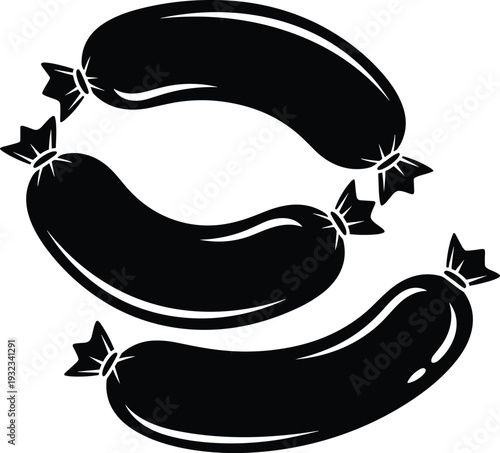 Black sausage links silhouette with white outline details showing connected meat links isolated on white background for food BBQ and deli design
