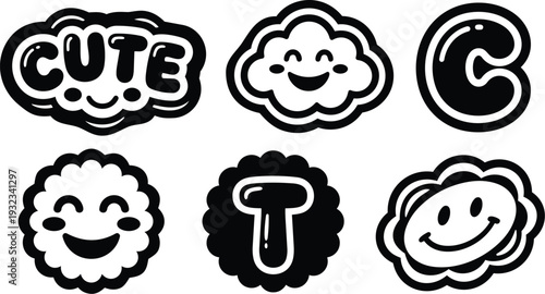 Monochrome sticker set flat vector art smiling cloud faces letter badges with cute word bubble c and t playful close up bold outline isolated high resolution