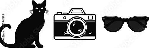 Black Cat Silhouette, Vintage Camera, and Sunglasses Icons Set Isolated on White Background for Pet Photography and Fashion Design