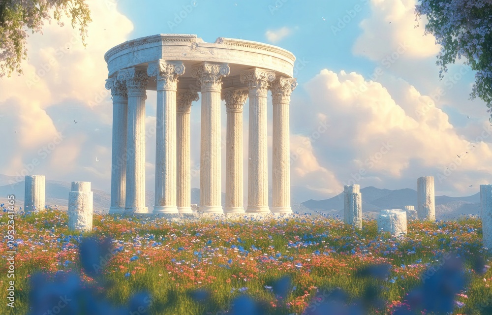 Obraz premium Sunlit circular marble temple ruins with tall Corinthian columns in a colorful wildflower meadow, birds and distant mountains beneath a dreamy pastel sky, serene atmosphere
