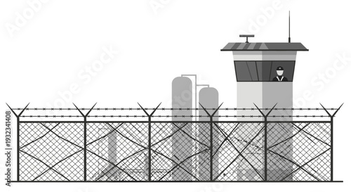 A grayscale illustration of a prison watchtower with a guard tower and double-layered barbed wire fence against a white background.