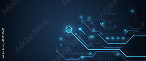 Abstract glowing blue circuit board background with futuristic digital network connection pathways