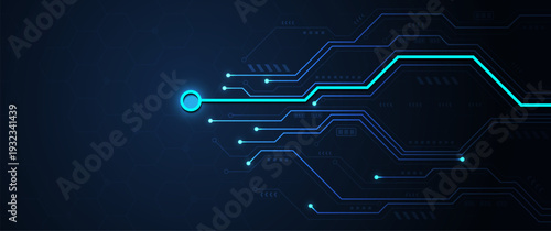 Abstract glowing blue circuit board background with futuristic digital network connection pathways