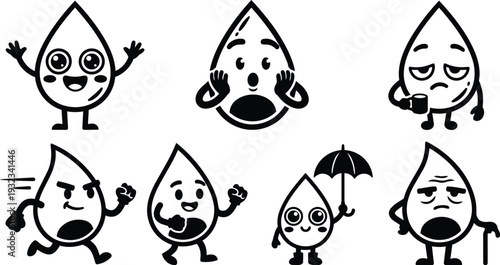 Cute vector drop characters set showing smiling surprised sleepy angry running waving and elderly droplet holding umbrella with simple line art expression icons in black outline