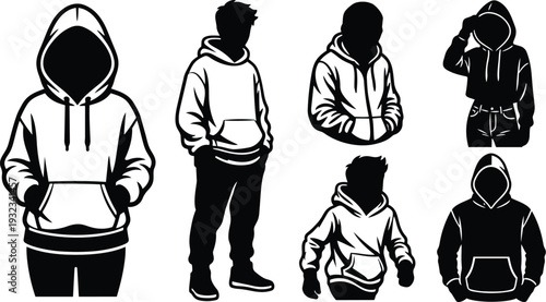 Minimalist monochrome vector set of hooded figures in varied poses hands in pockets low angle front and side views casual streetwear png svg mockup outline silhouette