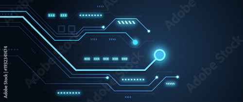 Abstract glowing blue circuit board background with futuristic digital network connection pathways