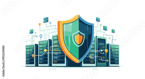 Flat illustration of a shield with servers in the background, symbolizing data protection and cybersecurity with a modern graphic design.
