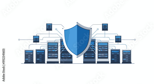 Flat lay illustration of a blue shield surrounded by connected computer servers and data storage units on a white background with a secure and technological mood.