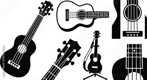 Minimalist black and white vector ukulele and guitar icons multiple angles close up headstock body strings on stand flat design musical instrument silhouettes isolated monochrome editable