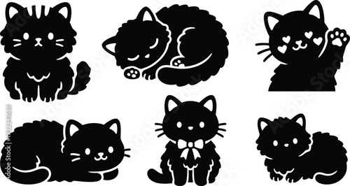 Cute black cat silhouette set six poses sitting sleeping waving paw wearing bow flat vector art close up isolated icons playful composition front facing side view