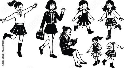 Minimalist black and white vector flat design school girls in uniforms jumping walking reading with school bag book waving portrait low angle playful cheerful casual scene