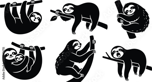 Flat vector icon set of six sloth silhouettes in hanging climbing and hugging poses close up smiling face baby sloth included black and white minimalist isolated