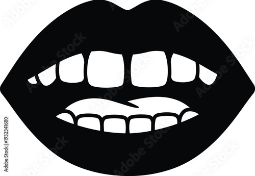 Minimalist vector close up of lips biting lower lip showing teeth and tongue high contrast black and white bold mouth expression monochrome flat design simple silhouette