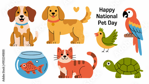 Cute pets celebration happy national pet day animals icons set dog cat bird fish turtle