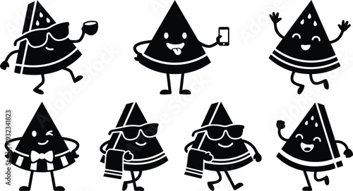 Playful flat vector watermelon slice characters dancing winking and wearing sunglasses holding cup and phone in simple mascot set with black silhouette style