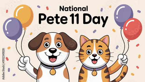 Happy national pet day dog and cat holding colorful balloons and confetti celebration