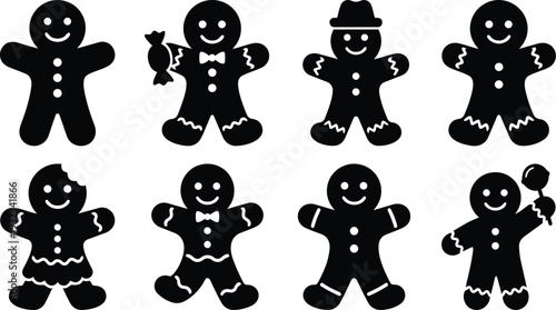 Minimalist flat design close up eight gingerbread cookie characters in playful poses holding candy wearing bow tie and hat with smiling faces on white background isolated