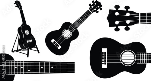 Minimalist black and white flat design ukulele set close up top view showing fretboard headstock bridge and instrument on stand angled composition silhouette vector illustration isolated