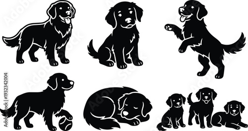 Vector art close up of multiple playful golden retriever silhouettes showing standing sitting sleeping puppies playing with ball and wagging tail in bold black friendly style