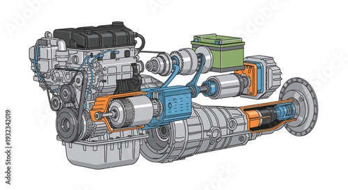 Detailed technical illustration of a complex mechanical engine component with colored highlighting on a white background.