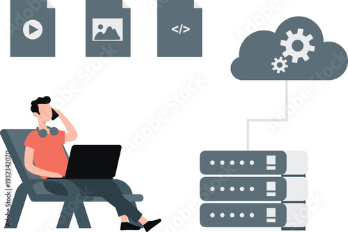 The boy talking about transfer cloud data on mobile.