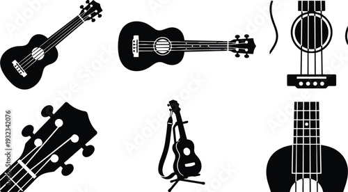 Minimalist vector ukulele silhouettes top view close up headstock and full body on white background low angle strap and stand flat design black solid simple icons