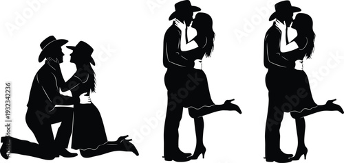 Romantic cowboy couple silhouettes with hats embracing, kissing, and kneeling in affectionate poses showcasing Western love, intimacy, passion, and stylized relationship illustration artwork
