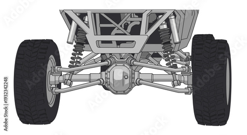 Detailed grayscale illustration of a vehicle's rear axle and suspension system with two tires on a clean white background.